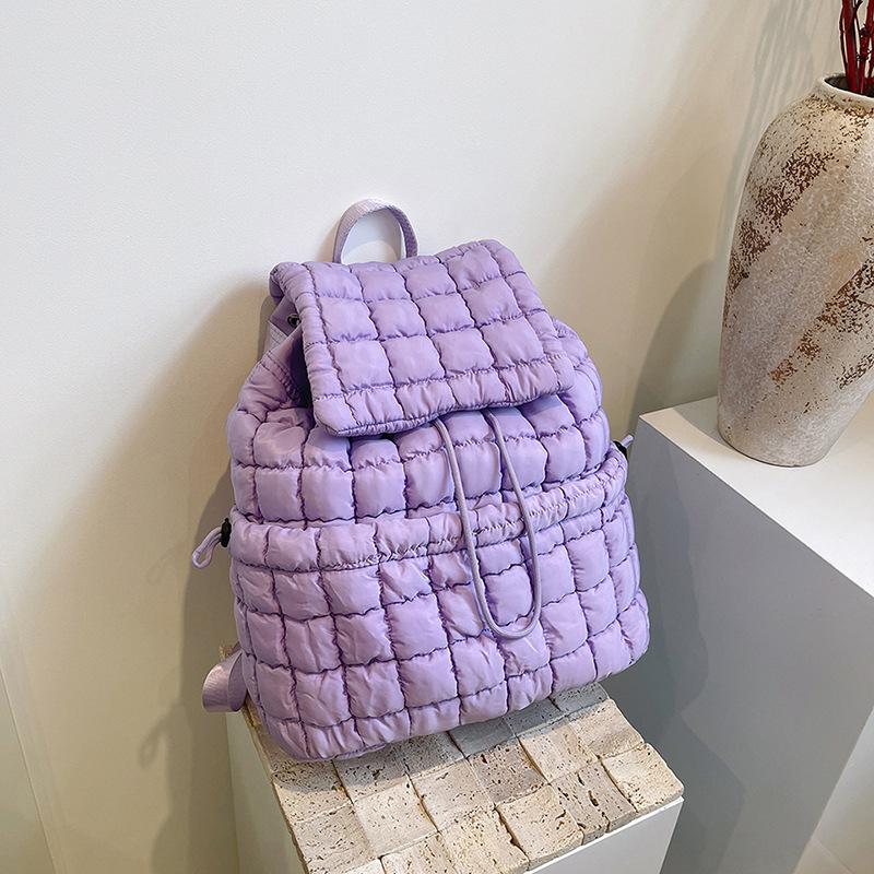 Niche casual simple design women's summer wind backpack pleated cloud fashion down cotton plaid drawstring backpack