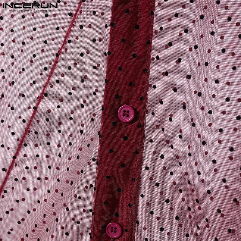 INCERUN Men Lapel Neck Long Sleeve Mesh Sheer Polka Dots Shirts