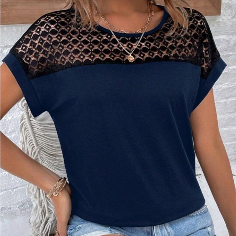 Ladies Summer Short Sleeve O Neck Lace Splice Solid Color Jacquard Pullover Hollow T Shirt Top