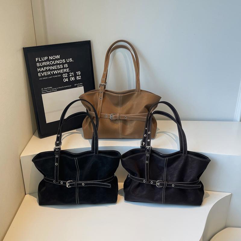 Womens Casual PU Leather Tote Bag Belt Buckle Detail Stitch Accent Large Capacity Minimalist Daily Bag for Commute Travel Everyday Use Durable