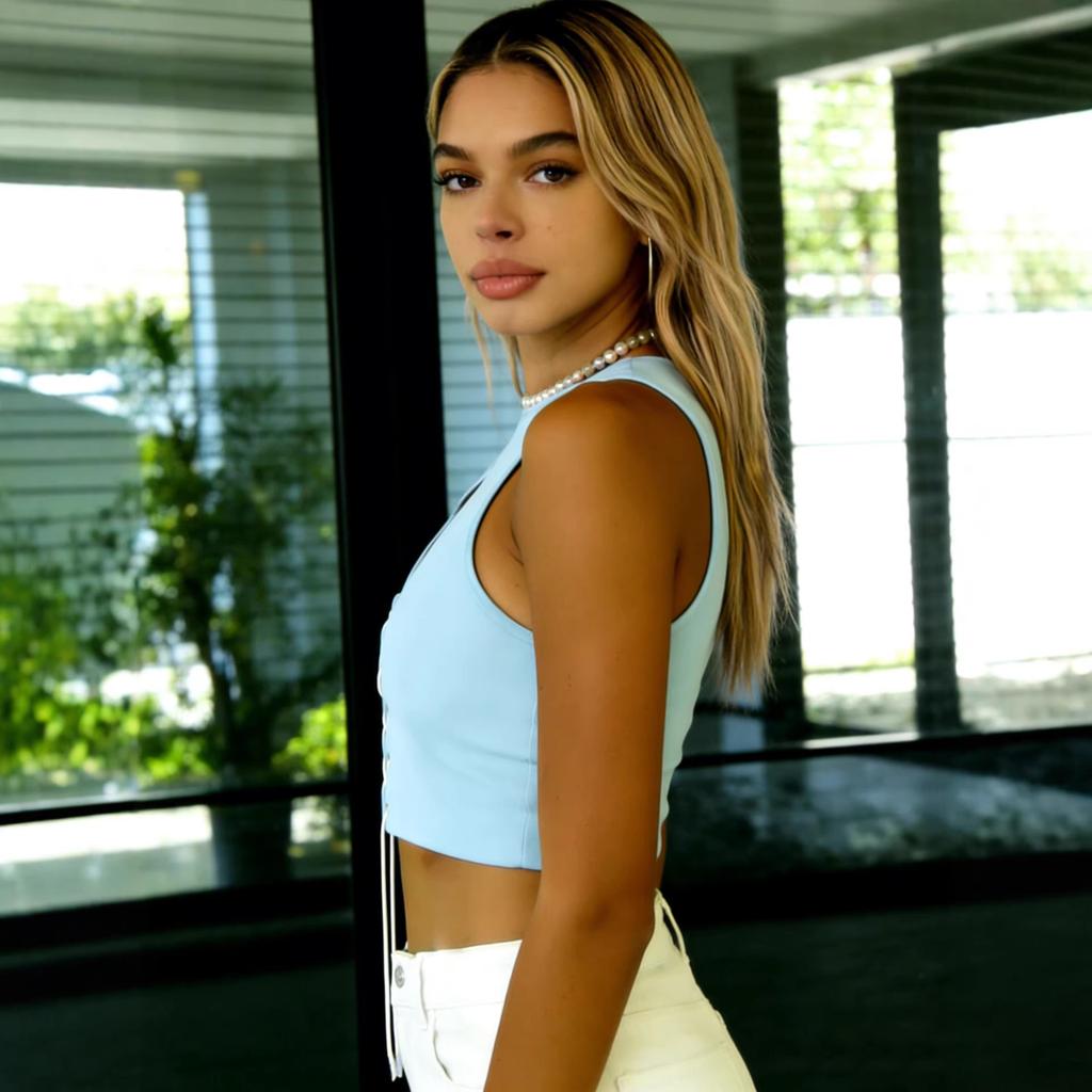 Crop Top Corto da Donna Senza Maniche con Intagli e Lacci Colore Unito Girocollo Streetwear Canottiera