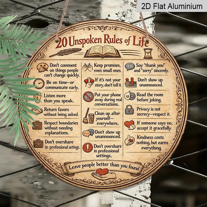 2D Flat, 1pc Round Aluminum Hanging Sign, Vintage Plaque about "20 Unwritten Rules of Life", Inspirational Quotes Wisdom Sayings Life Principles