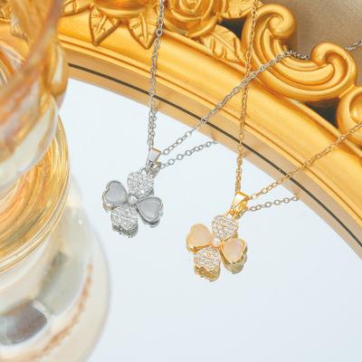 Collana Fiore a Quattro Foglie per Moda Donna Catena Clavicola Nuova Lusso Leggero Nicchia Versatile Pietra Occhio di Gatto