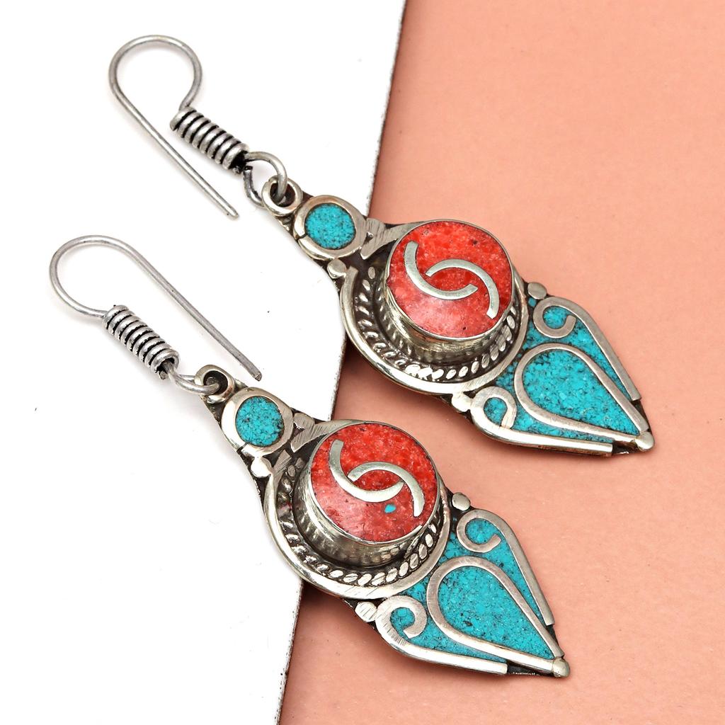 Nepali Tibetan Turquise Lapis Lazuli Gemstone Silver Jewelry Earring 1.5''