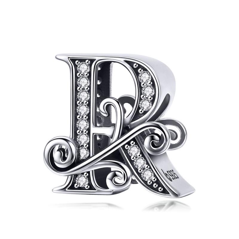 BAMOER Classic 925 Silver Letter Vintage A to Z 26 Letter Charms Openwork CZ Alphabet Beads Fit Charm Bracelet BSC030