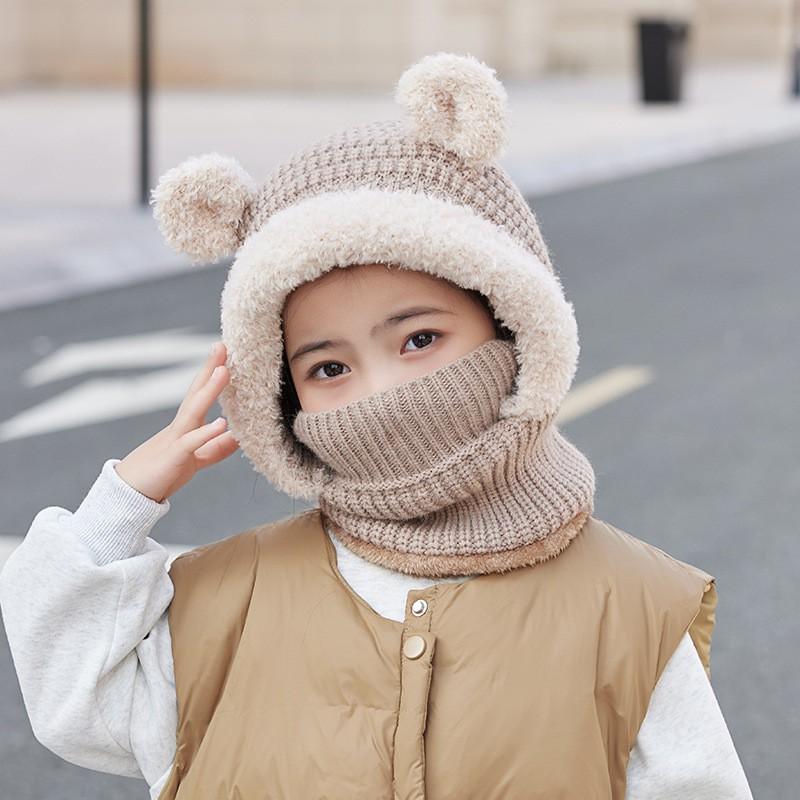 Kids Winter Knit Bear-Ear Hat With Neck Warmer Hooded Beanie Cycling Outdoor Wear