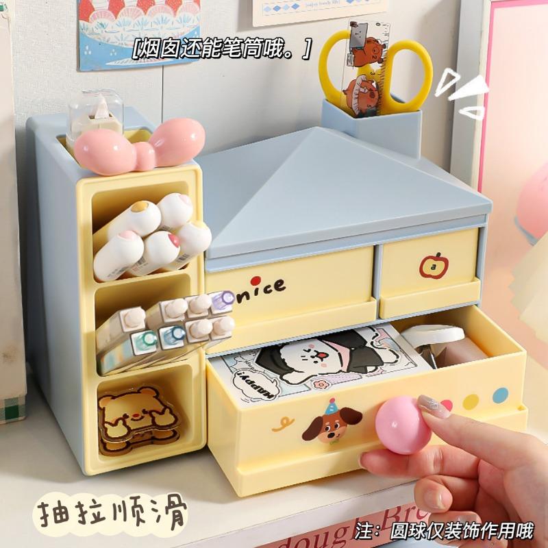 Aesthetic Multifunctional Divided Drawer Desktop Pen Holder Storage Organizer For Girls