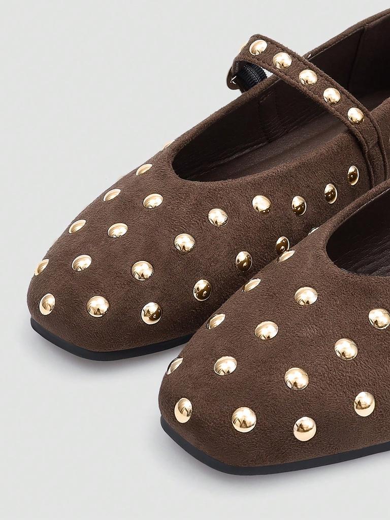 ADAMUMU Women's Brown Mary Jane Flats with Gold Sequin Embellishments