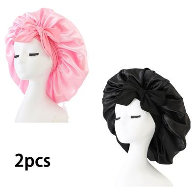 2pcs Satin Streamer Round Hat Bowknot Imitation Silk Beauty Hair Care Wide Brim Hat Women Headscarf Sleep Cap