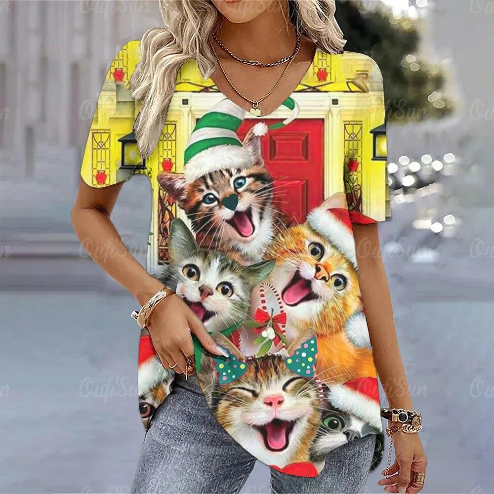 2024 neue Weihnachten Katze Gedruckt T-Shirt Für Frauen Sommer Mode Kawaii Damen Kurzarm T Shirt Tops Festival Femele Kleidung