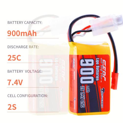 SUNPADOW 2S 7.4V LiPo Battery Pack, 900mAh 25C with JST Plug, Suitable for FPV and Drones, 2 Packs