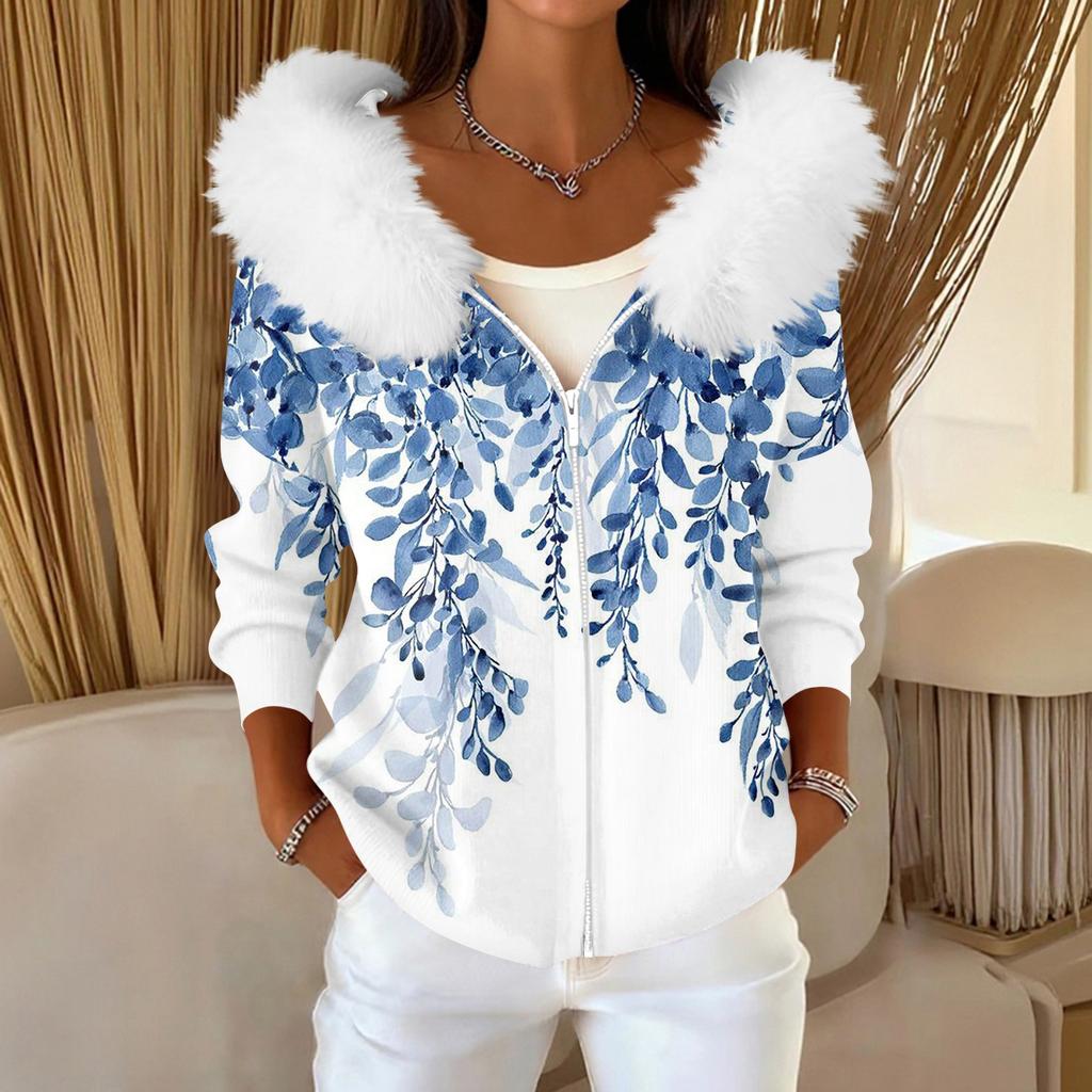 Pulover Casual de Damă la Modă cu Fermoar, Cardigan cu Imprimeu, Jachetă cu Glugă Plușată