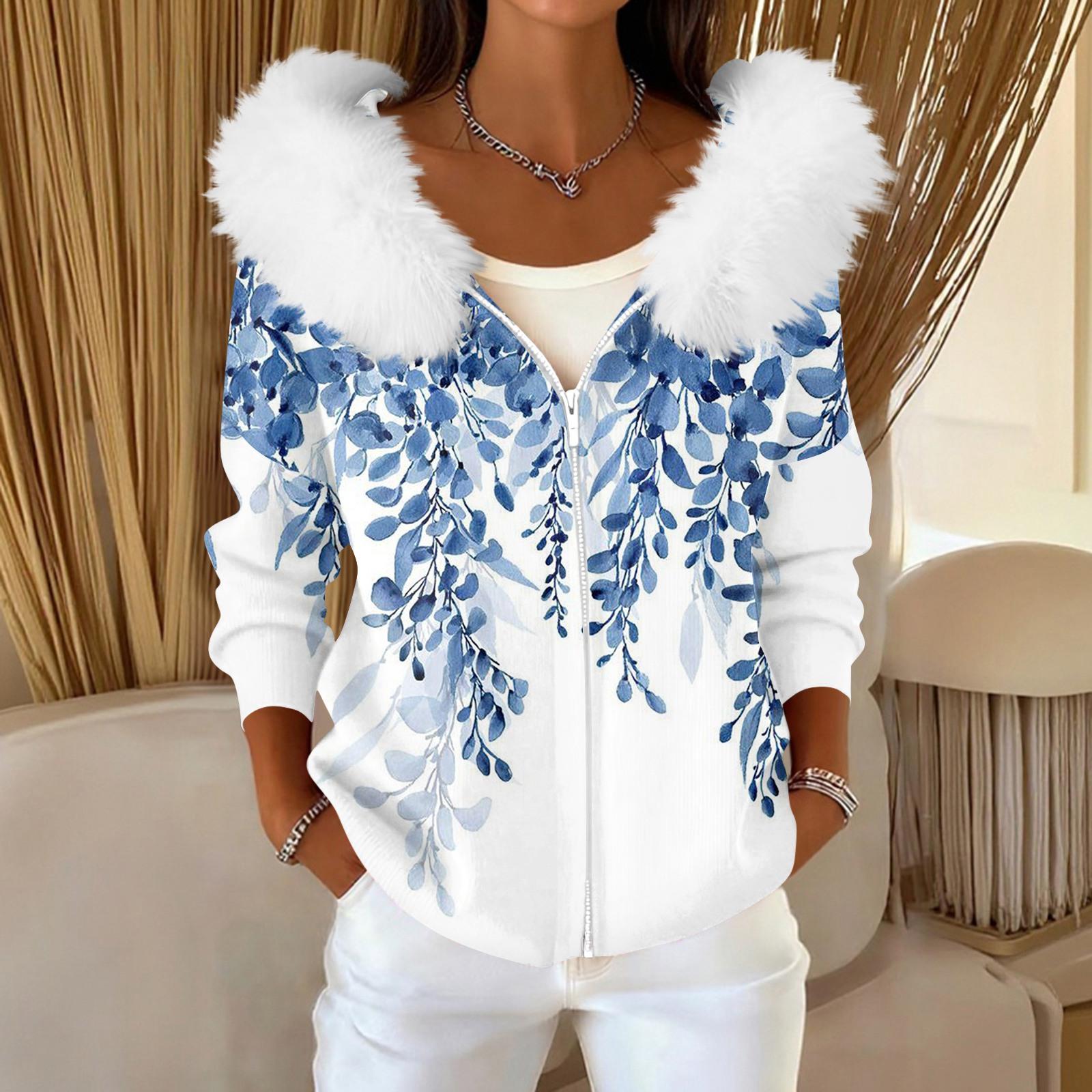 

Женский модный повседневный свитер на молнии с принтом, кардиган, плюшевая куртка с капюшоном XL небесно-голубой