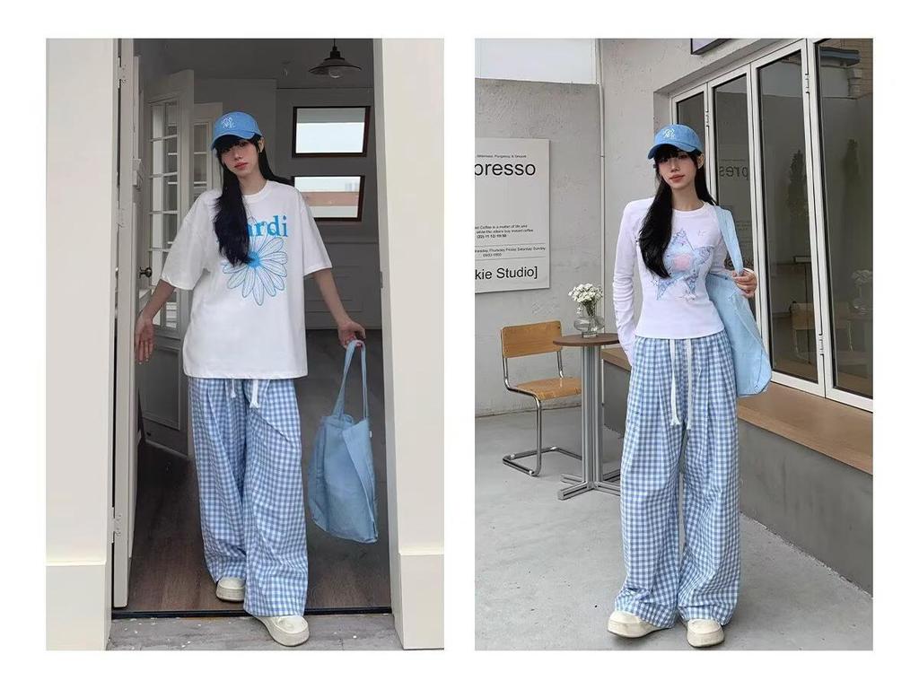 Damen Koreanische Karohose mit hohem Bund - Frühling/Sommer 2025, Vielseitiger Weitbein-Stil