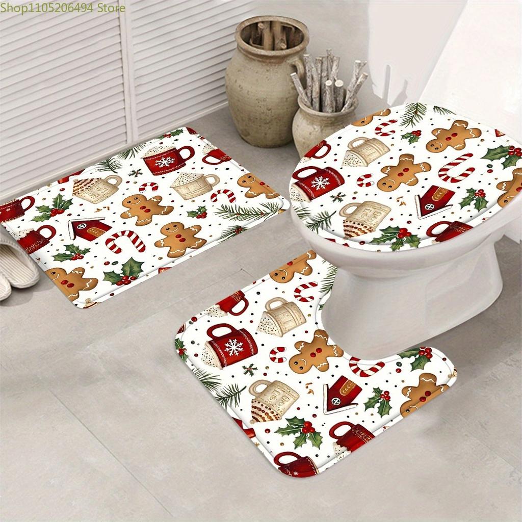 1pc/4pcs Christmas Gingerbread Man Christmas Cup Pattern Multi-Color Background Shower Curtain, Modern Home Bathroom Art Decor