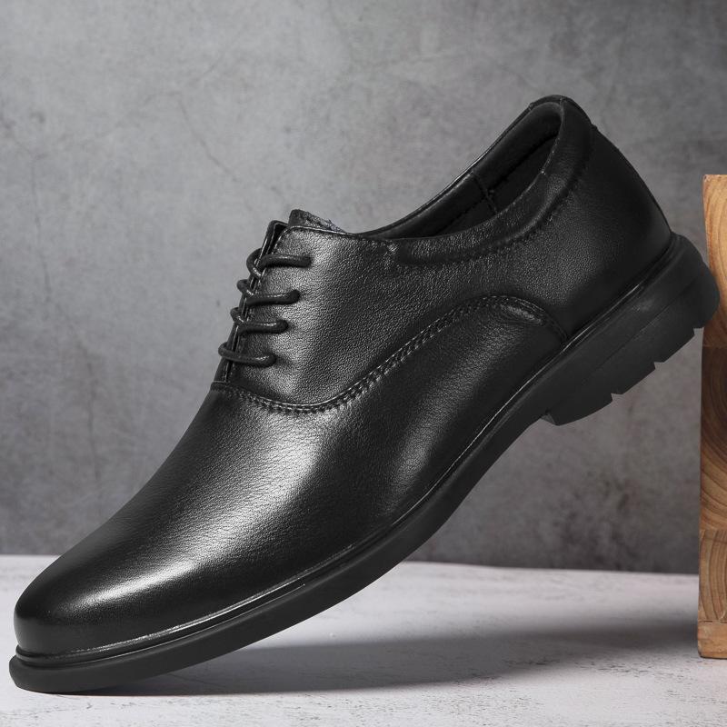 Men's shoes business leather shoes dress casual shoes spring low-top lace-up pure black leather cowhide large size gentleman