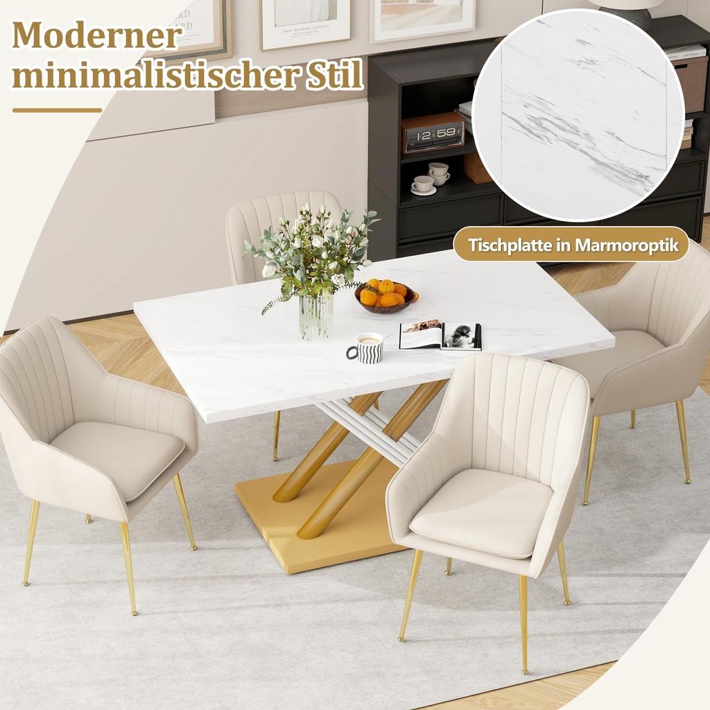 Dining Table for 4-6 People, 140x80cm, Modern Kitchen Table with Thickened Artificial Marble Tabletop and X-shaped Metal Legs