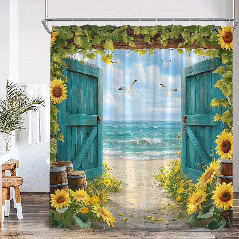 Dusk Ocean View Shower Curtains Brown Window Wooden Door Beach Sea Waves Scenery Fabric Home Bathroom Curtain Decor With Hooks