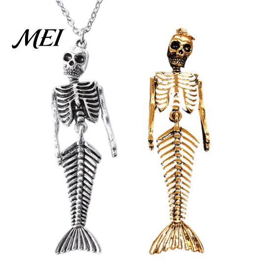 Halloween Skull Costume Gift Mermaid Skeleton Pendant Necklace, Gothic Dark Fantasy Jewelry Necklace for Women, Creative Spooky Accessory, Unique Edgy