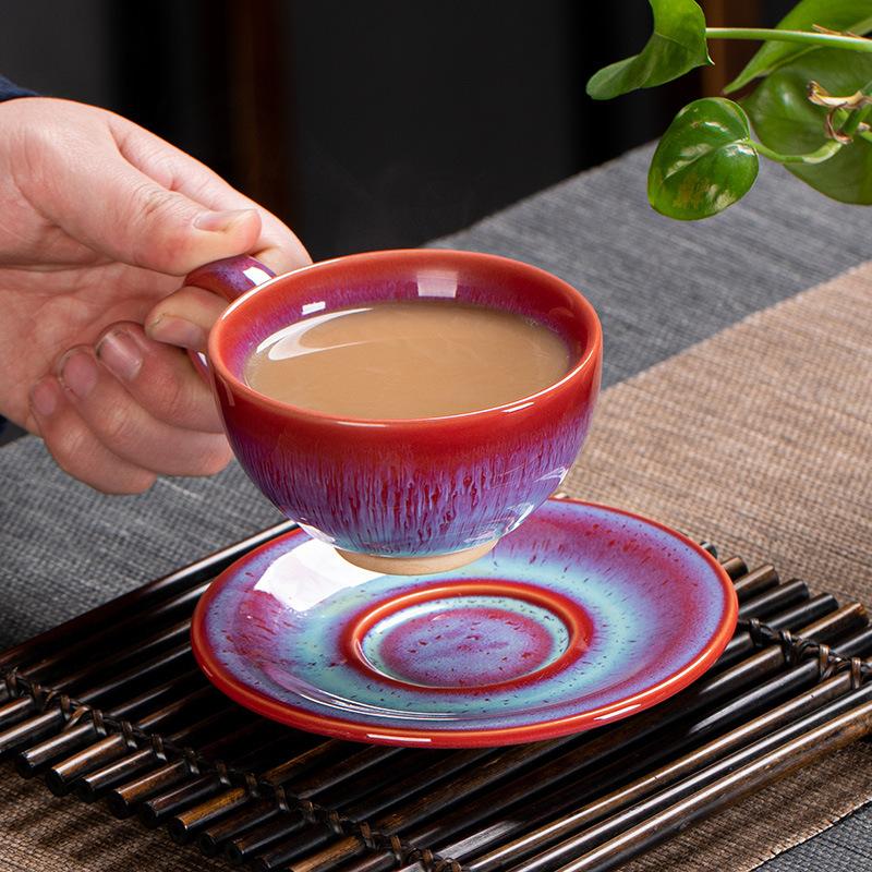 Ceramic Kiln Changed Coffee Cup and Saucer Set Creative Vintage Chinese Breakfast Cups Afternoon Tea Drinking Utensils