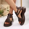 Retro Women Sandals Fashion Leather Women Boots Breathable Platform Shoes Designer Mid Heels Women Wedges Shoes Sandalias Mujer