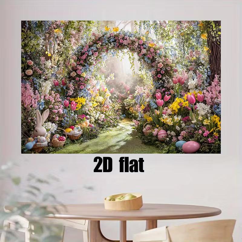 2D Easter Bunny Backdrop Colorful Tulip & Egg Party Background Banner
