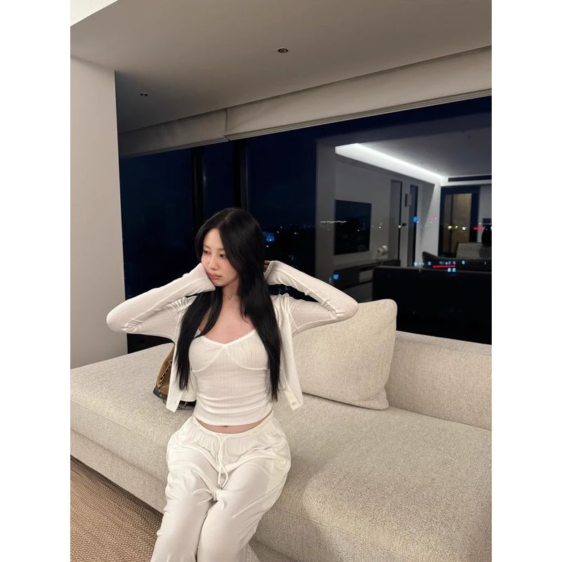 Kumikumi Pure Desire Set Thin Cardigan Outerwear Women Autumn Inner Wear Lace Cami Two-piece Set