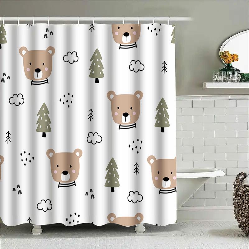 Adorable Bear Pine Tree Shower Curtain Set For Kids Bathroom Decor White Color 180X240Cm