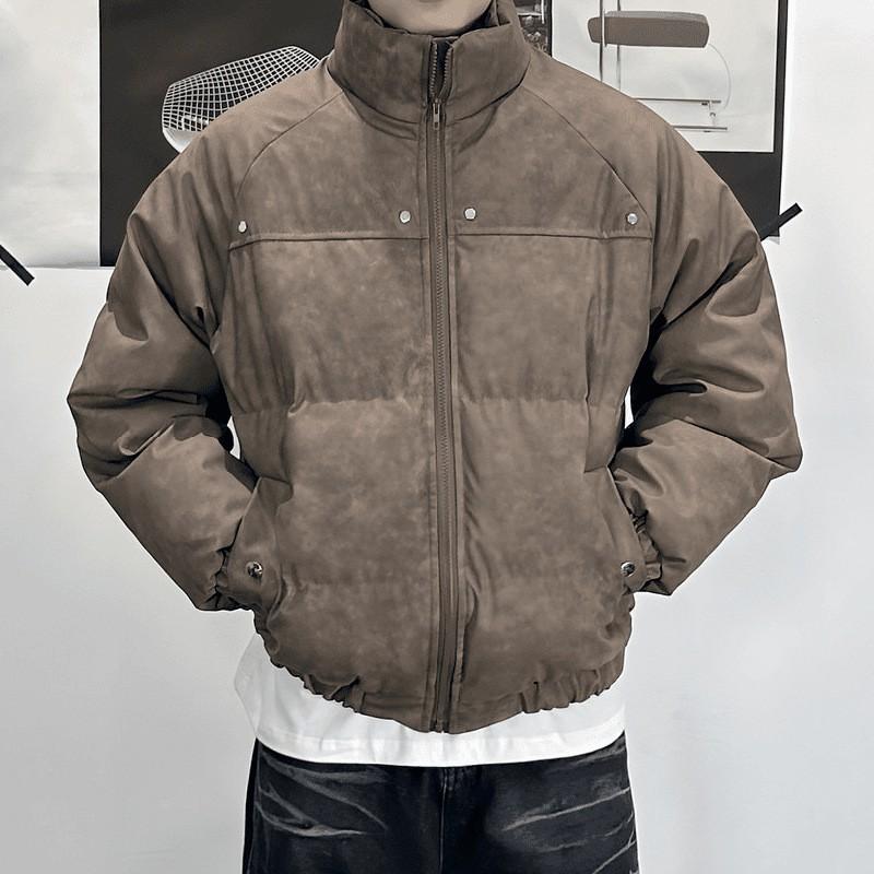 Mens Winter Hip Hop Streetwear Cotton Puffer Jacket Thick Rivet Detail Loose Fit Stand Collar Warm Casual Coat