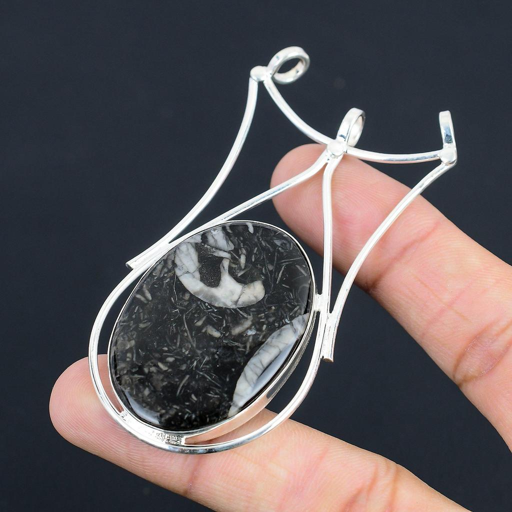 Friendship Day Deal 925 Silver Root Chakra Black Fossil Coral Stone Boho Pendant