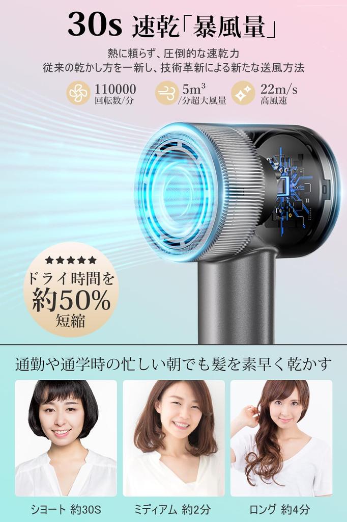 Hair dryer air volume x quick drying x lightweight x quiet x beautiful hair x low Hair dryer Brushless motor technology 1200W 100V Improves hair