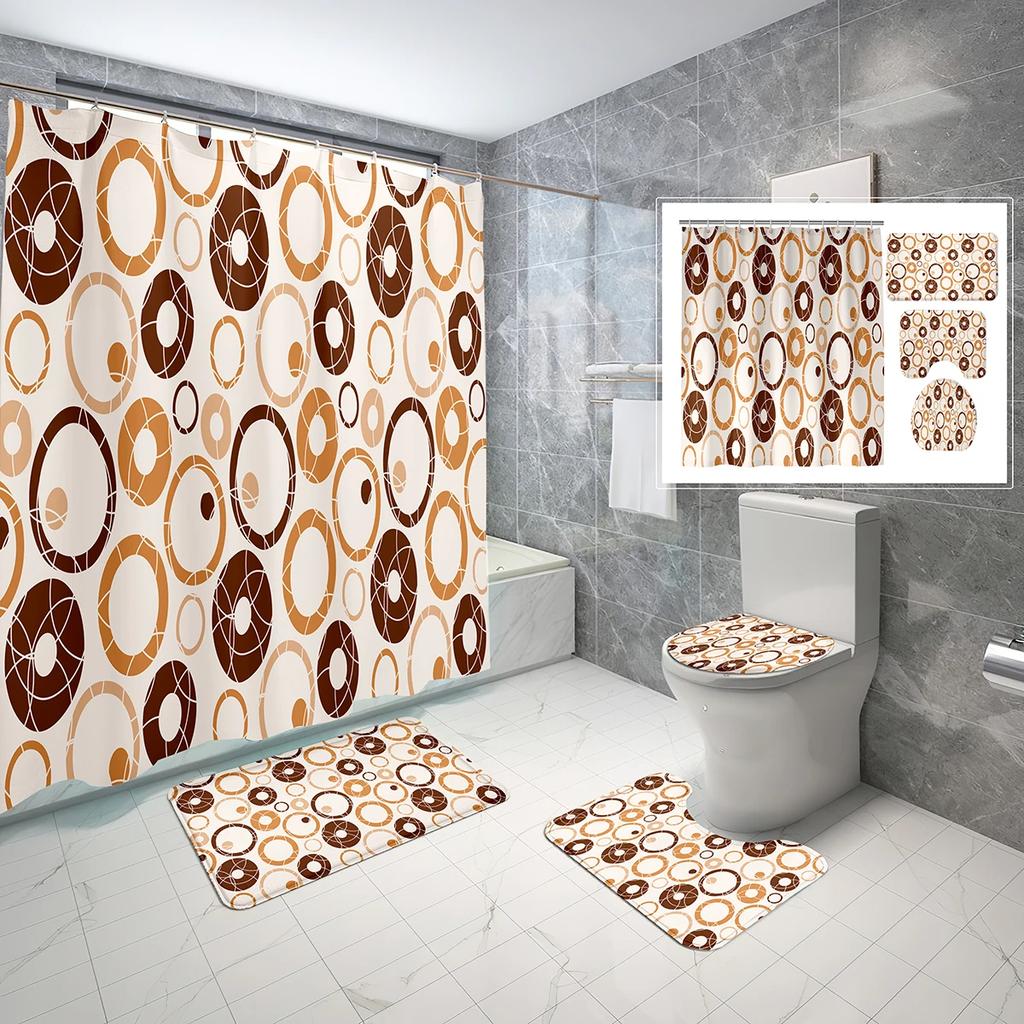 4 Sets Circles Geometry Shower Curtain Sets With Non-Slip Bath Mat,Toilet Lid Cover And Warm Color Pattern Shower Curtain Sets