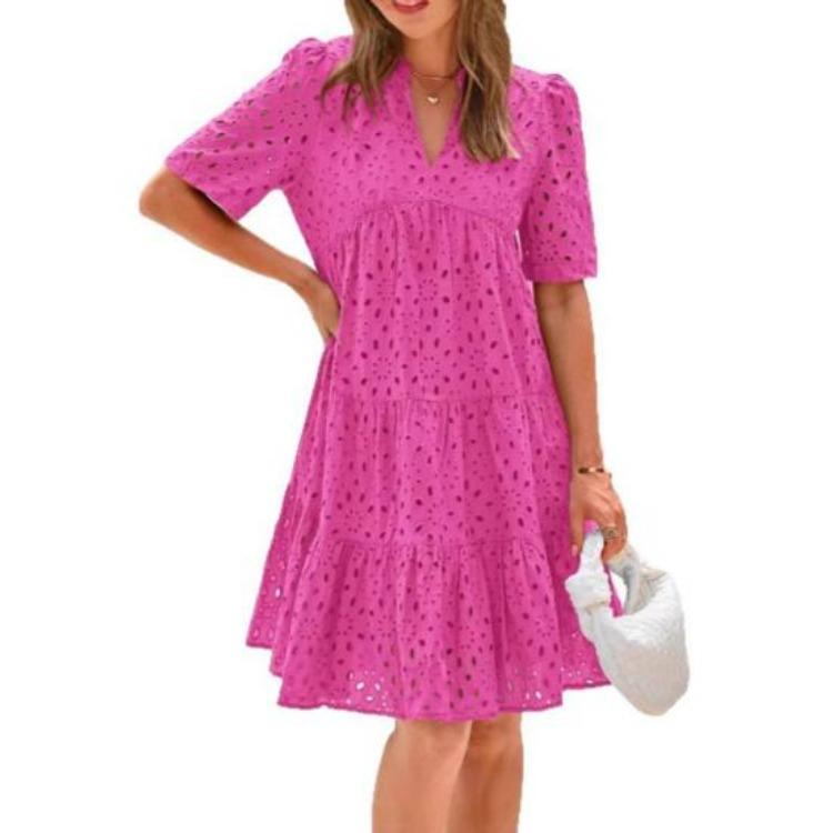 

Summer Women s Flowy V-Neck Sundress Casual Hollow Out Midi Dress A-Line Tiered Eyelet Short Sleeve Beach Dress S темно-розовый