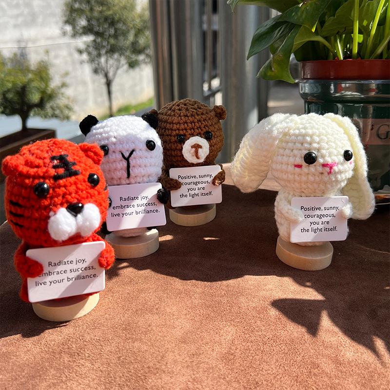 Mini Cute Positive Energy Bear Hug Pocket Dolls Handmade Wool Animal Knitting Desktop Ornaments Christams Gift Home Room Decor