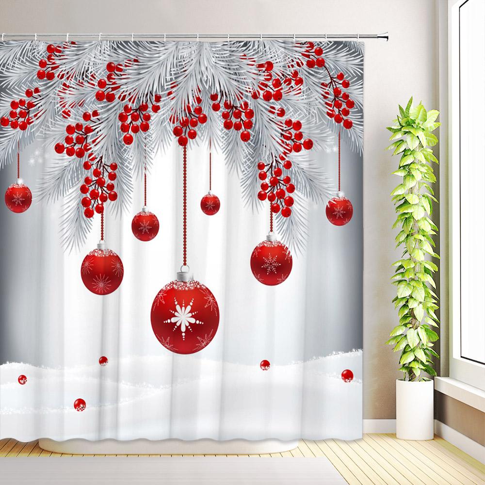 Christmas Shower Curtain Buffalo Plaid Xmas Tree Winter Snowflake Reindeer Nature Forest Cedar New Year Bathroom Decor with Hook
