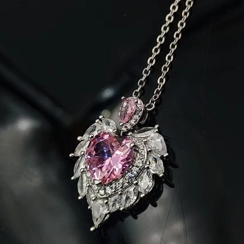 Jewelry Design Angel Wings Necklace Simulation Pink Diamond Heart Pendant Women's Versatile Fashion Clavicle Chain National Style