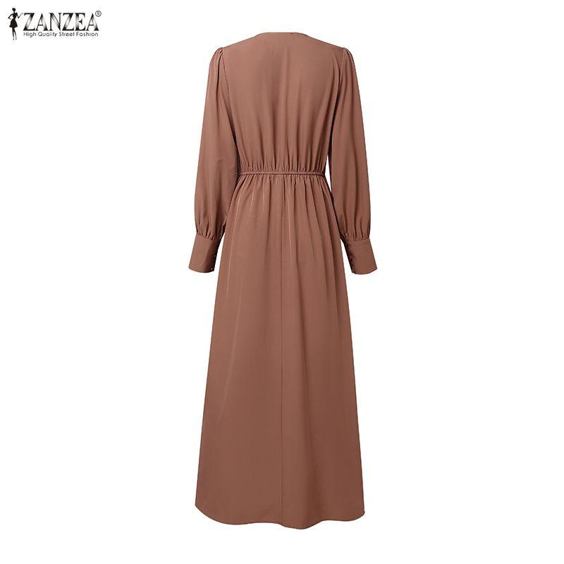 ZANZEA Muslim Casual Women Round Neck Long Sleeve Loose Print Dress