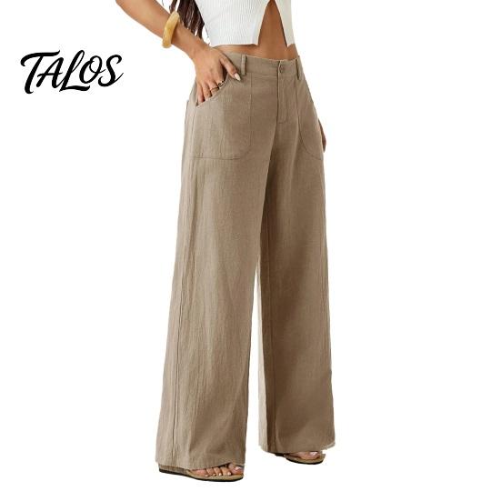 Bequeme Hose Baumwolle Leinen Weites Bein für Damen, Lockerer Knopf Elastischer Bund Arbeitsbund Freizeit Hose, Einfarbige Palazzo mit Taschen