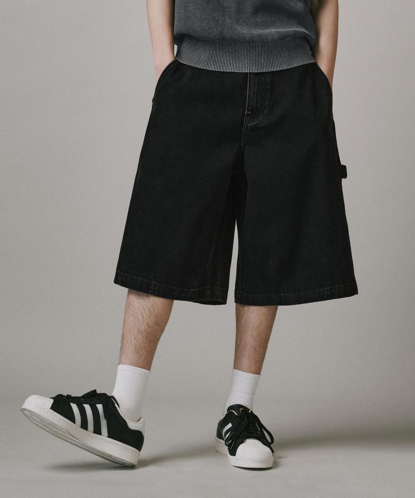 Beodeonteu Dyed Washed Carpenter Cotton Bermuda Shorts [Black]
