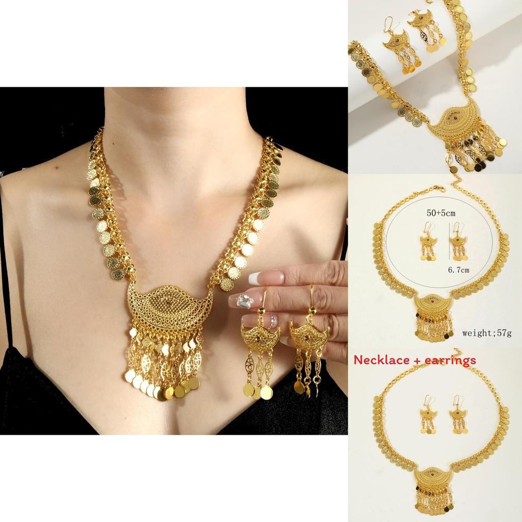 Fashion Gold Alloy Jewelry Set With Hollow Coin Pendant And Dangle Earrings For Women