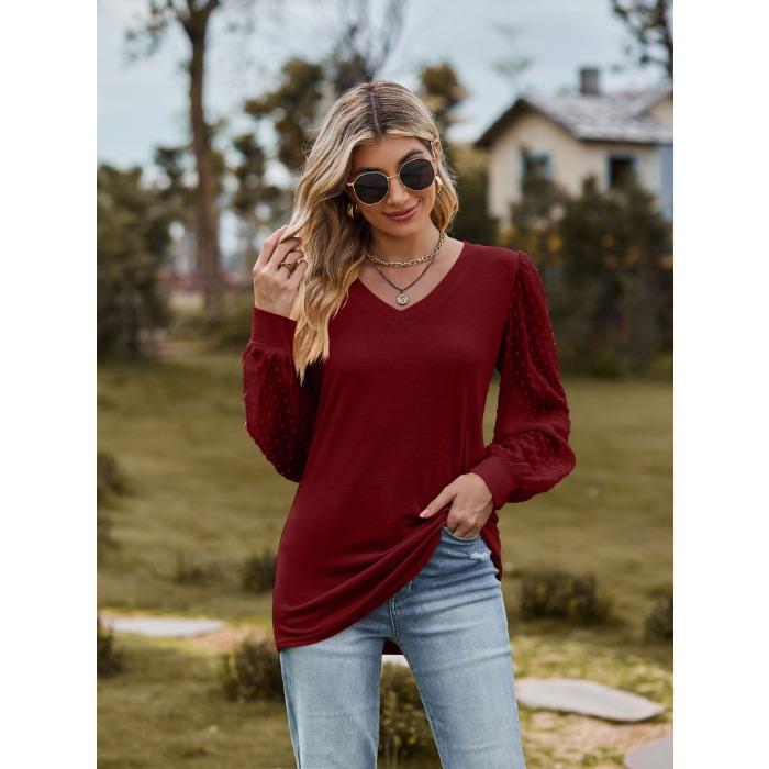 Jarní a podzimní dámská halenka Tričko s dlouhým rukávem Jednobarevné Výstřih do V Jednoduché Topy ze síťoviny