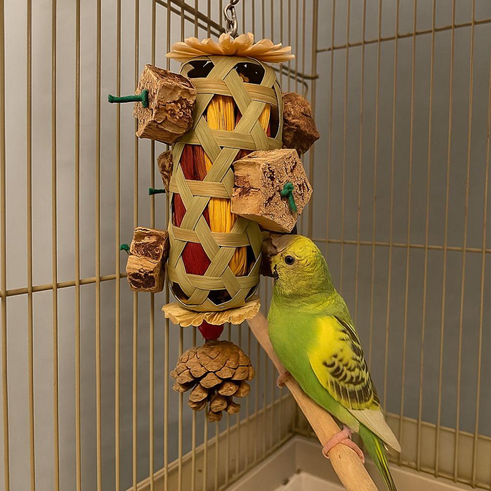 Hanging Cornhusk Pinecone Toy Bamboo Woven Parrot Foraging Basket Teeth Grinding Toy  for Parakeets