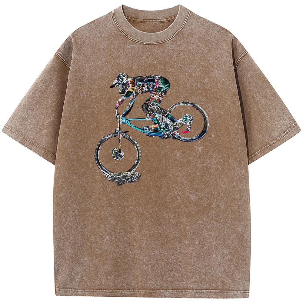 Colorful Mountain Bike Print Short-Sleeved Shirt Cotton O-Neck Washed T-Shirt Novelty Casual Loose Bleach T Shirt
