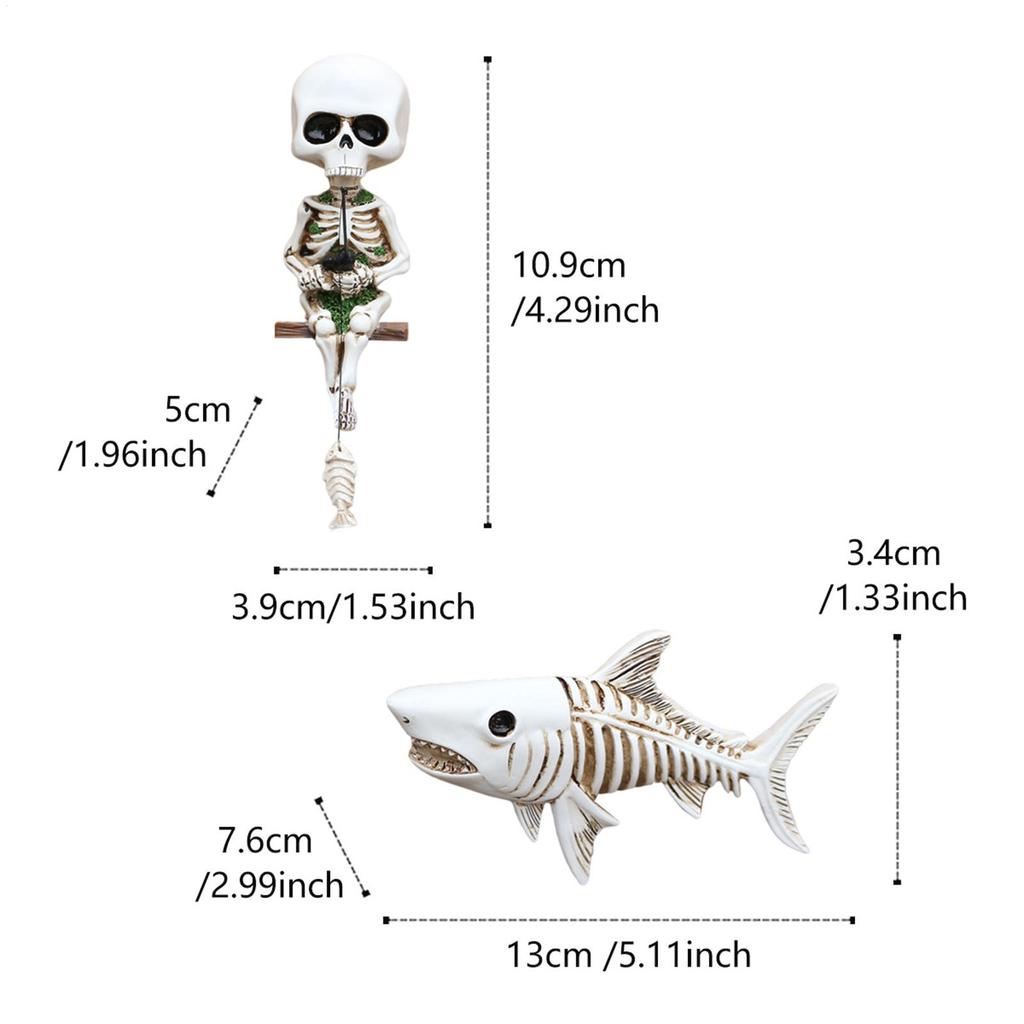 Skeleton Figurines Resin Skeleton and Shark Statue Halloween Ornament Gothic Desktop Statue for Table Nightstands Bookshelves