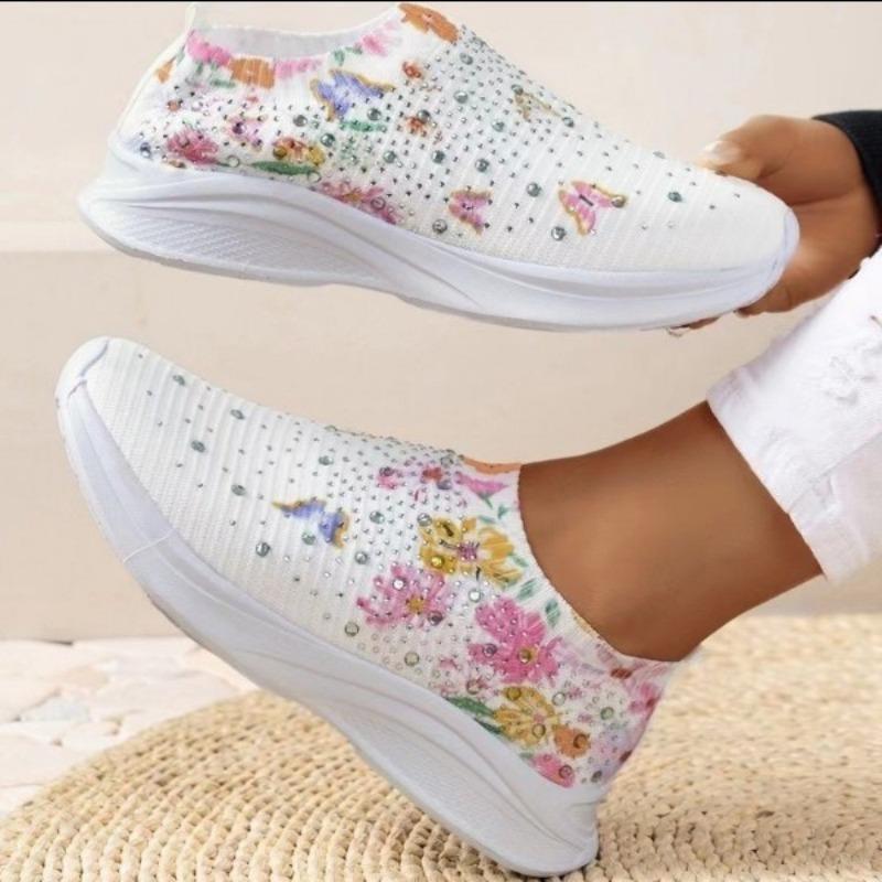 Women's Rhinestone Decor Slip On Sneakers with Floral & Butterfly Print - Breathable Knit Running Shoes