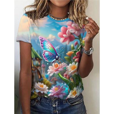Butterfly and Floral Print T-shirt, Casual Crew Collar Short Sleeve Top Spring/Summer, Women's Wear