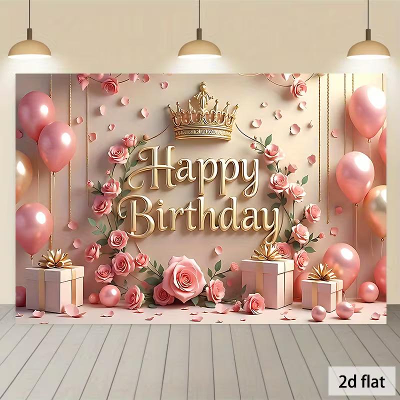 2D Girls Happy Birthday Photo Backdrop Banner Pink Gold Crown Rose Balloon Gift Party Background Cloth