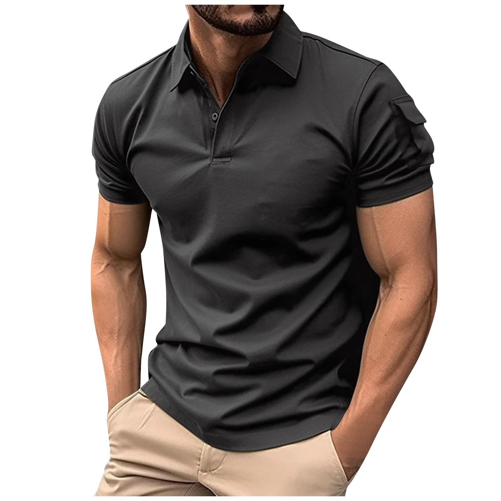 Men s Summer Color Slim Lapel Button Shirt Arm Pocket Sports Shirt L чёрный