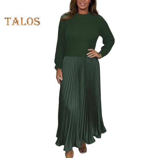 

Осенне-зимнее женское платье, имитация двухсекционного трикотажного свитера, плиссированная юбка, лоскутное платье с длинными рукавами и круглым вырезом, А-силуэт, макси-платье XL зелёный