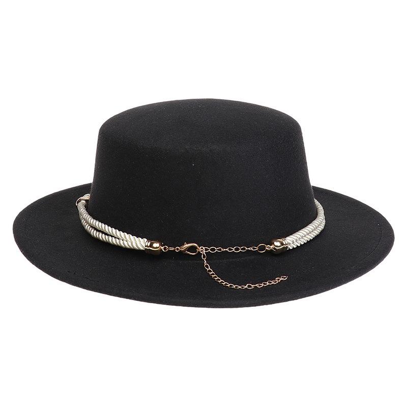 Women's Wool Felt Flat Top Fedora Hat - French Autumn/Winter Retro Style with Chain